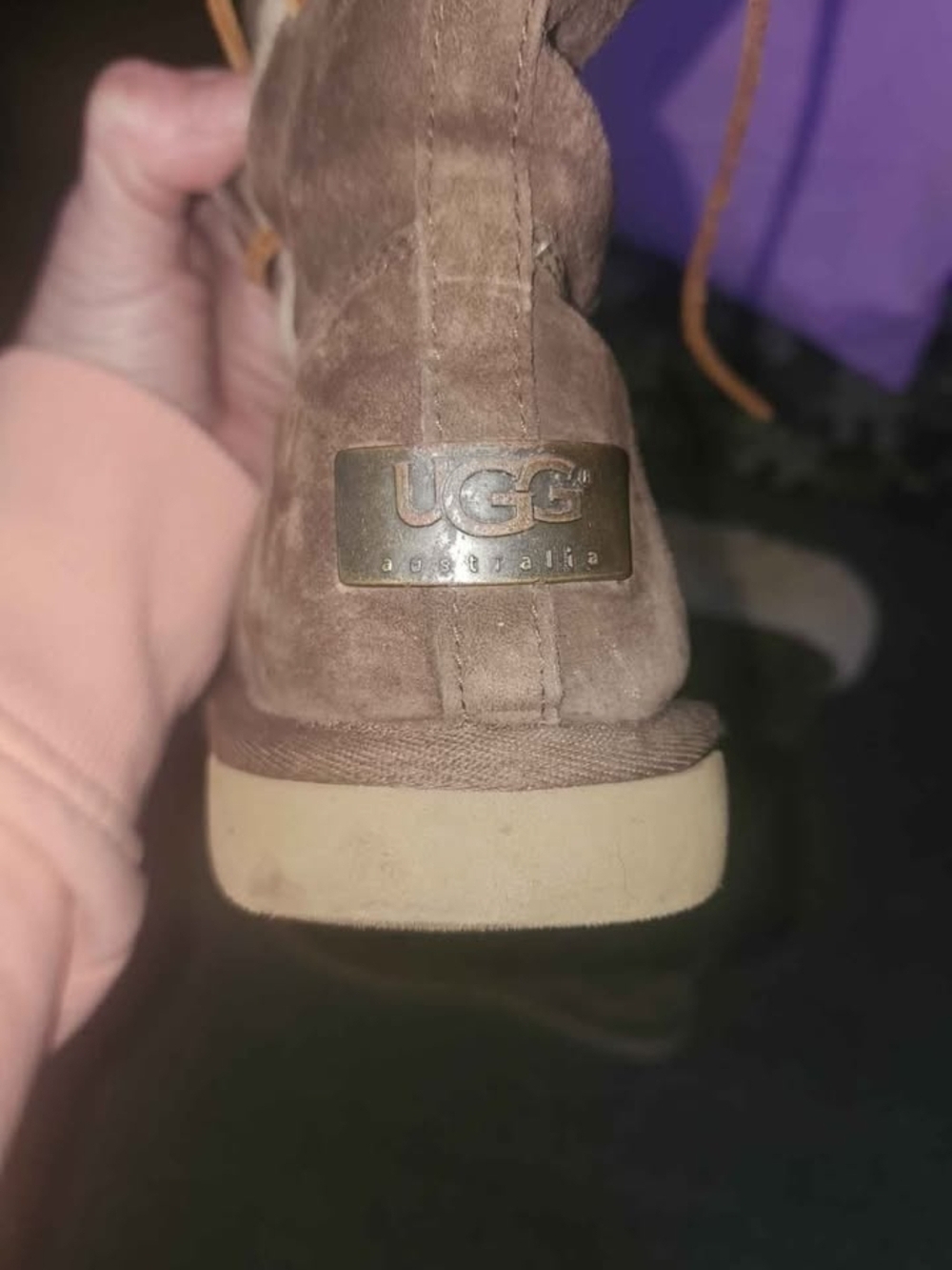 UGG Chestnut Suede Shearling-Lined Boot with Metal Logo - Picture 3 of 5